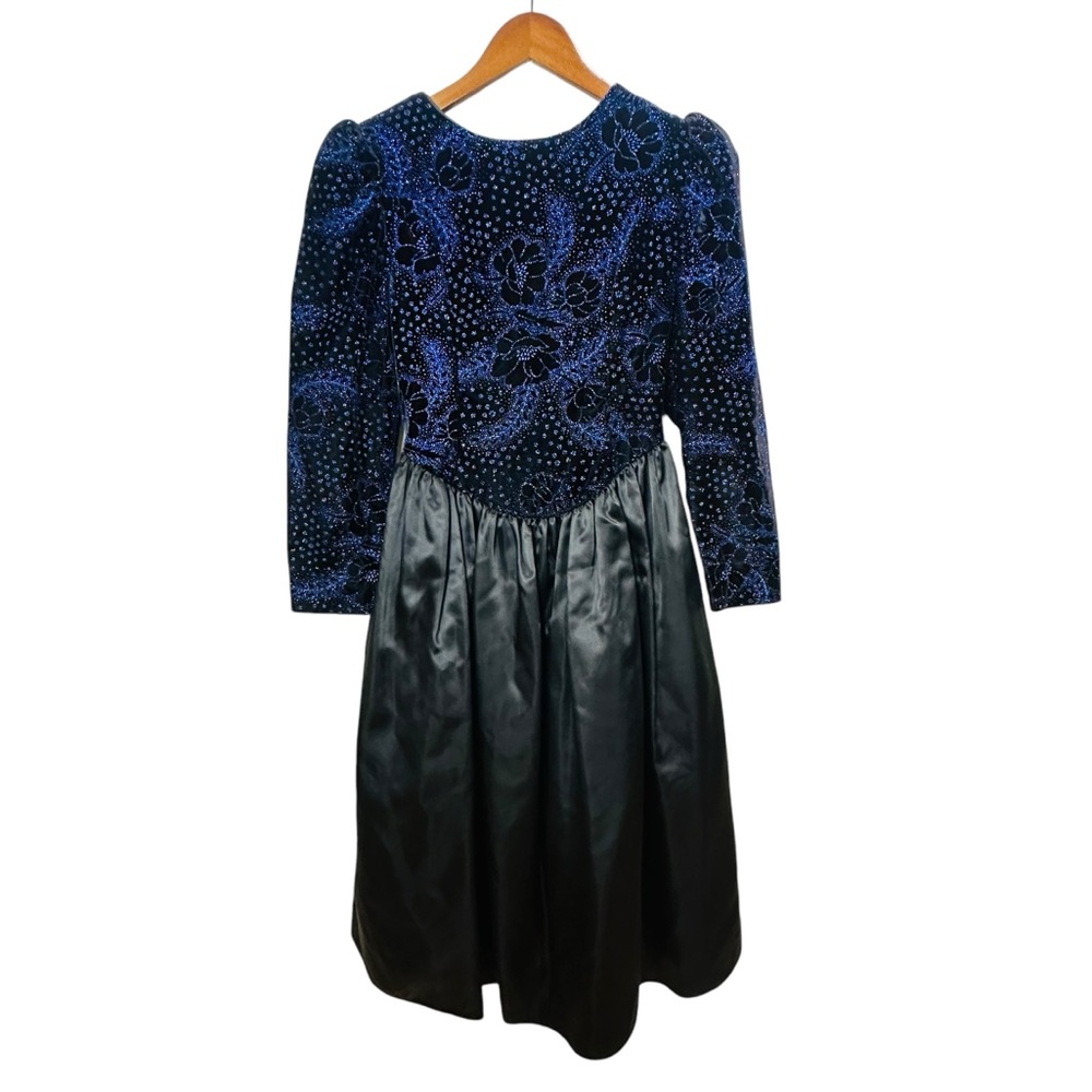 Vintage Gunne Sax Blue and Black Sparkly Long Sleeve Taffeta Formal Dress Size 8